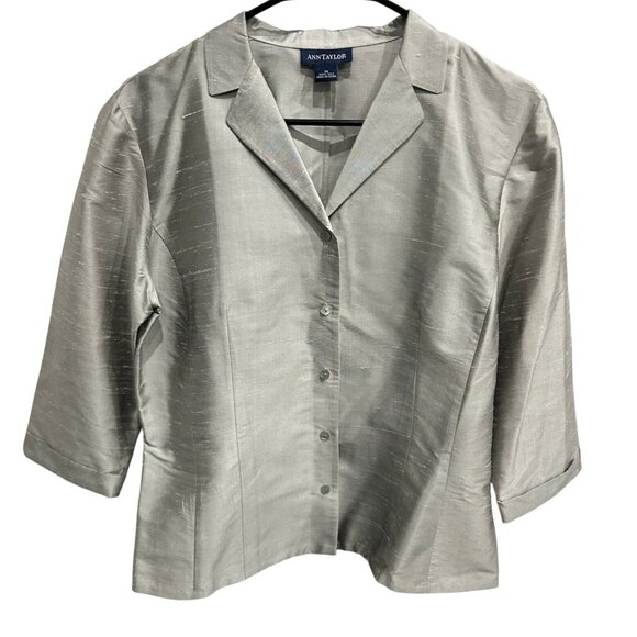 Ann Taylor Womens Silver Silk 3/4 Sleeve Cropped Swing Top Size 14 - Picture 1 of 8